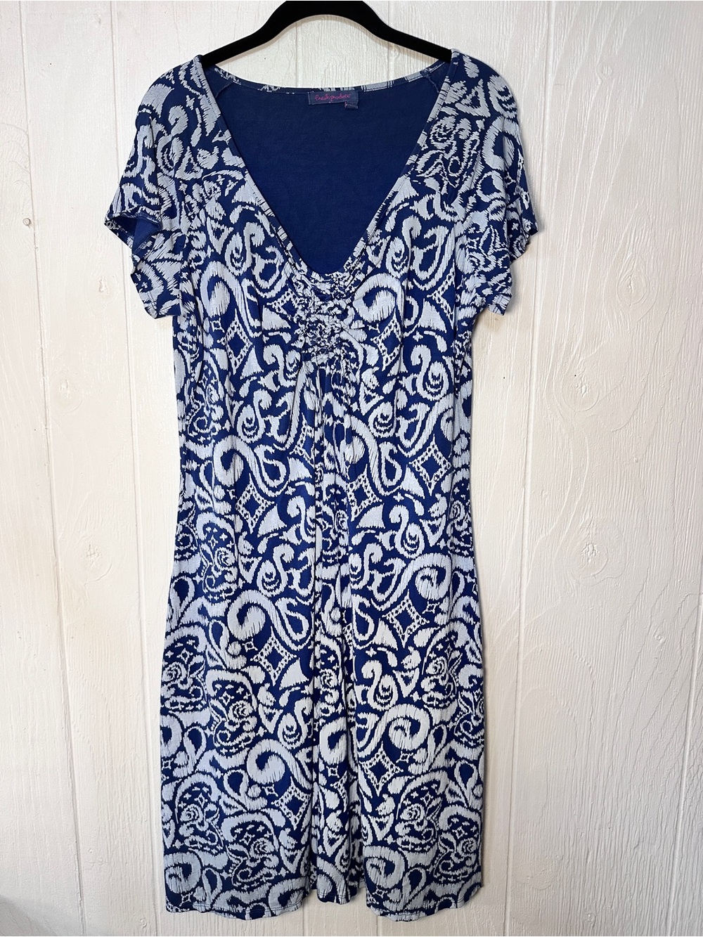 Fresh Produce Blue and White V-Neck Midi Dress with Swirl Pattern